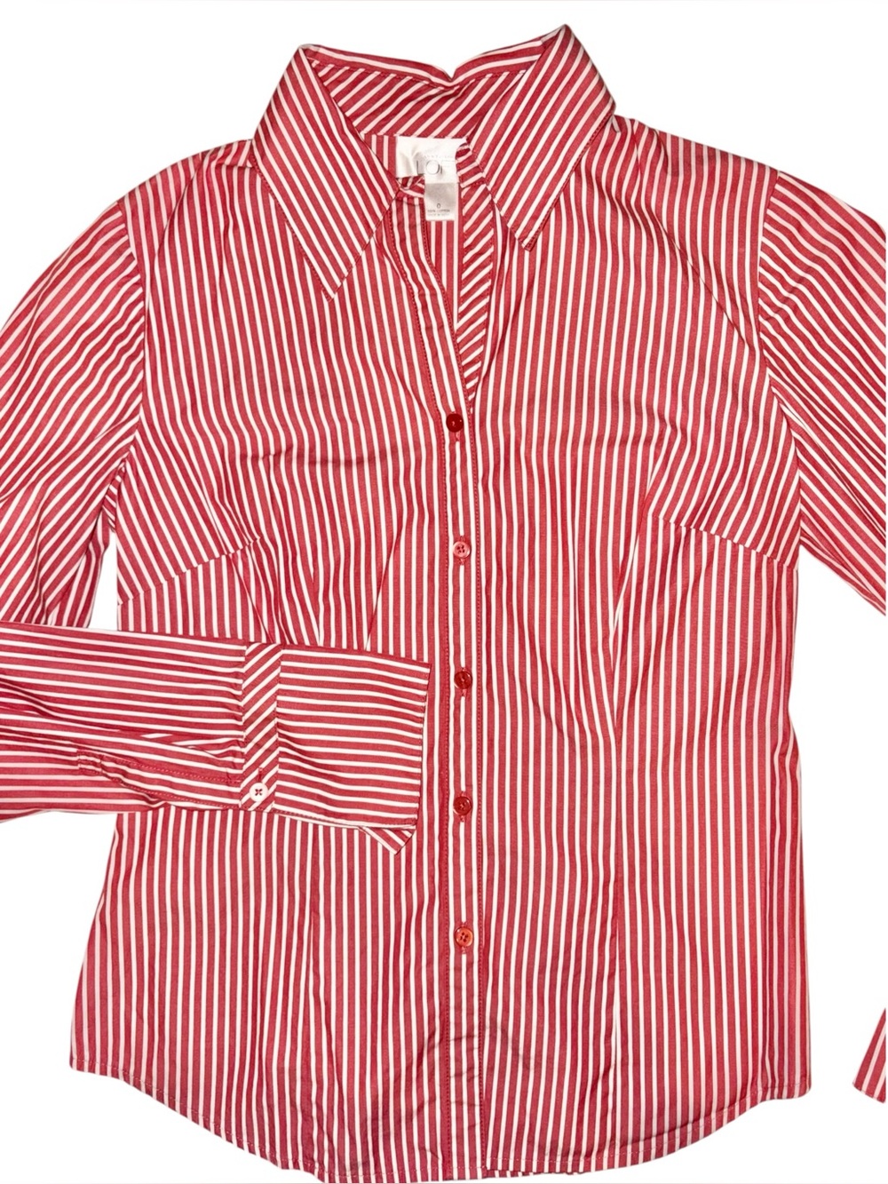 Ann Taylor LOFT Coral Red White Striped Button Down Shirt Size 0